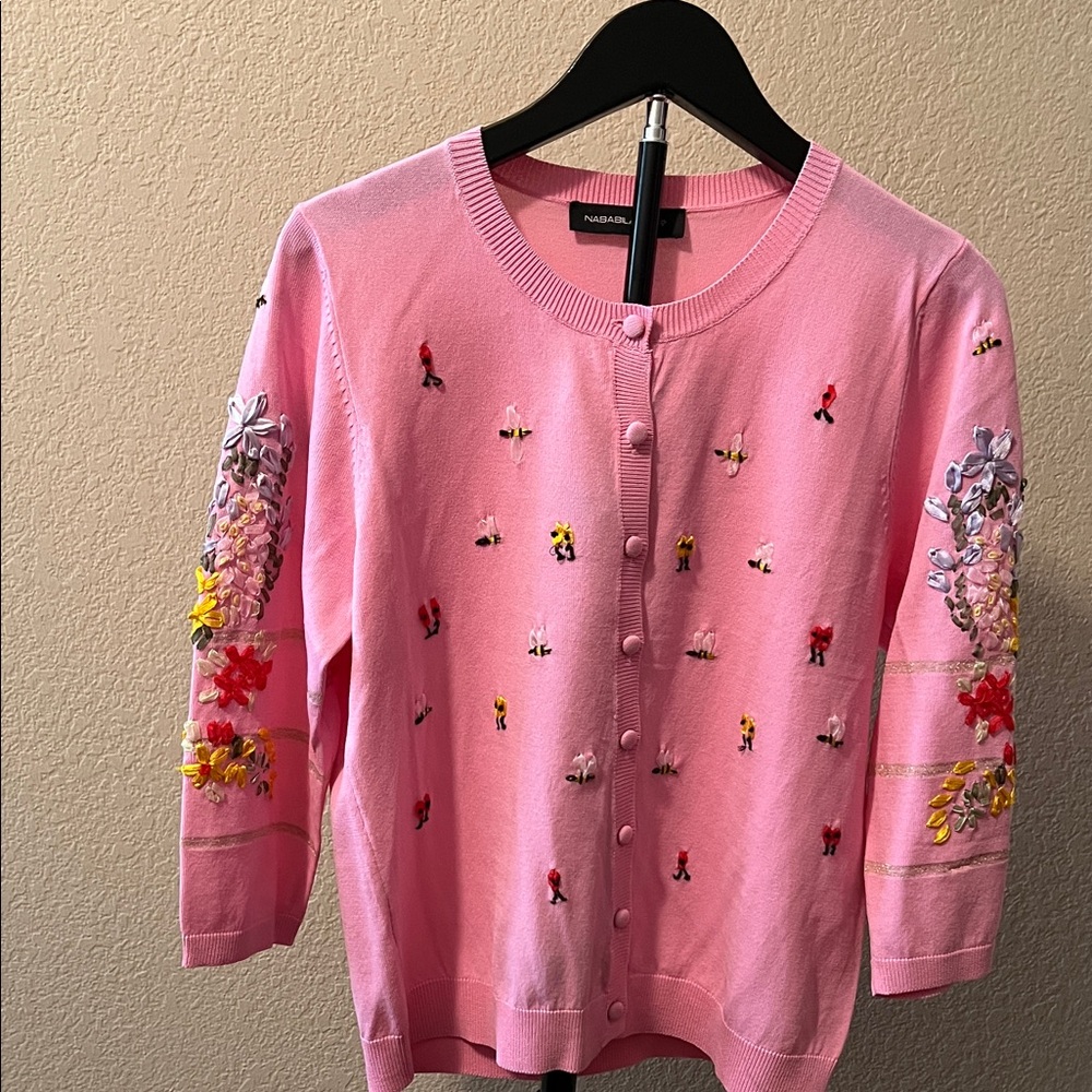 Pink Floral Embroidered Cardigan